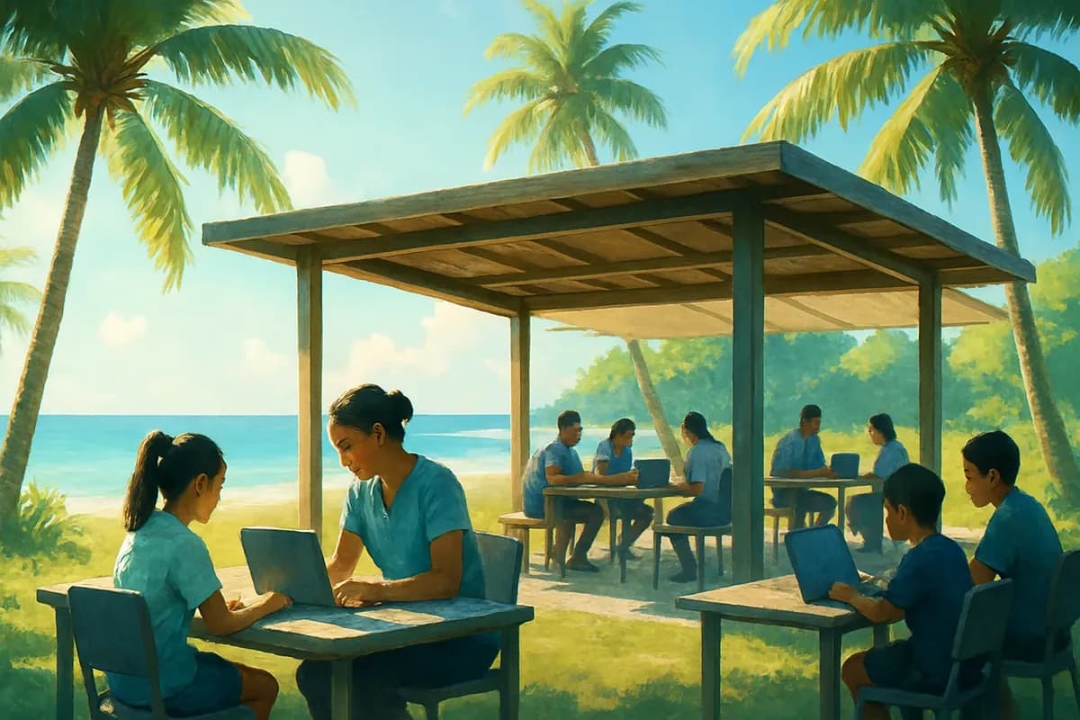 Concept of a Fiji community learning hub with students.