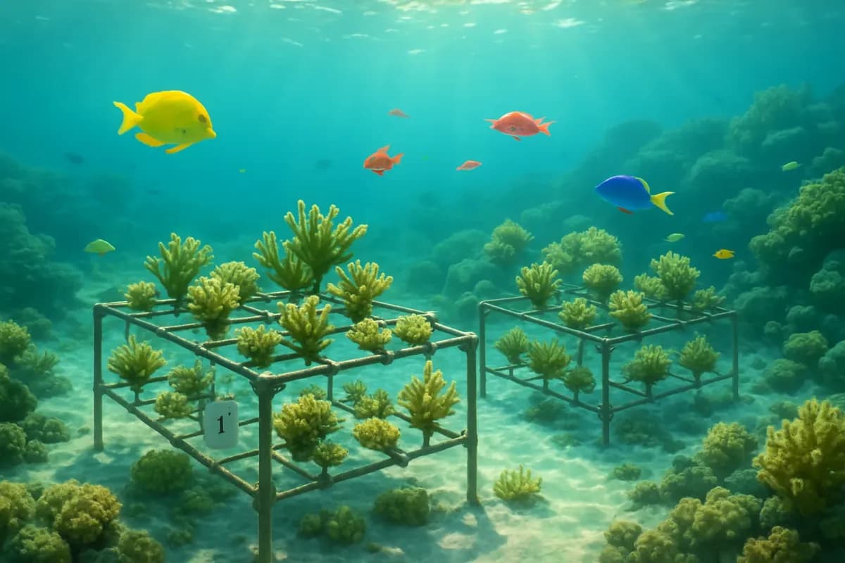 Concept of coral reef restoration in clear Fiji waters.