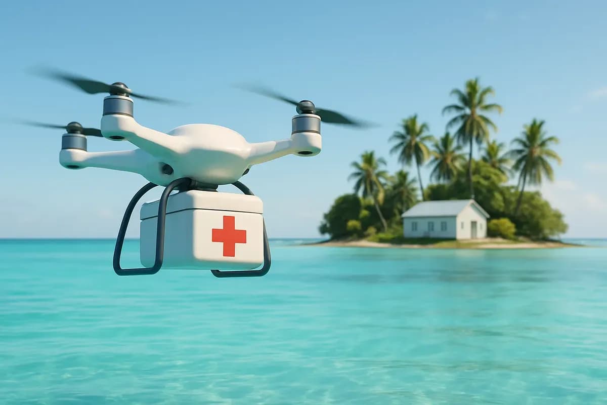 Concept of a medical drone delivery over a Fiji lagoon.