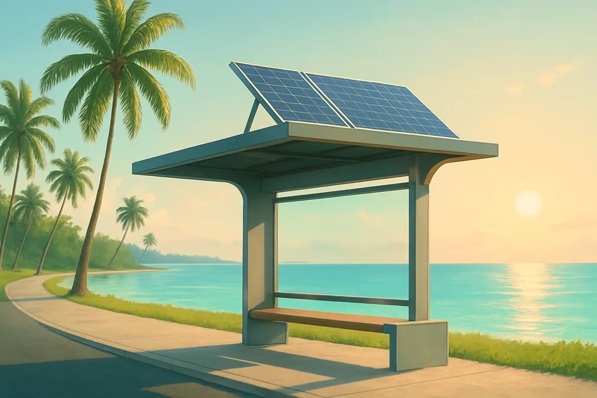 Concept of a solar-powered bus shelter beside a Fiji road.