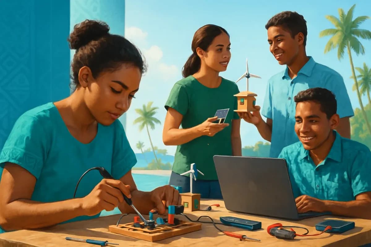 Concept of young people working in a Fiji innovation hub.