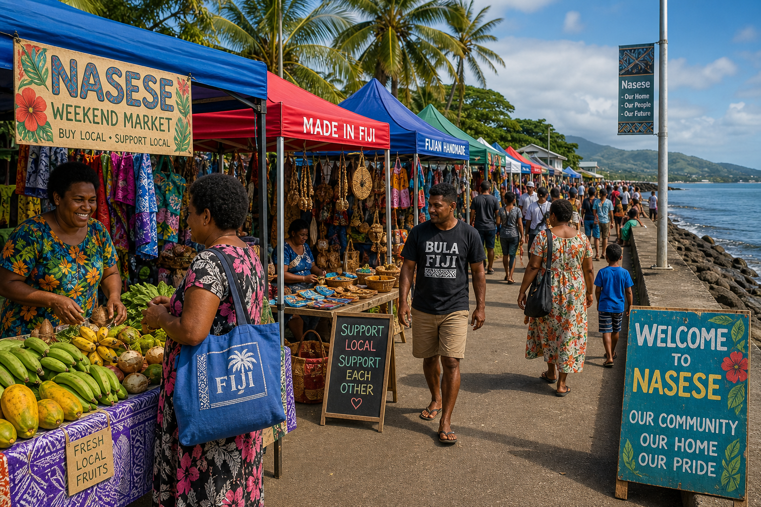 Community weekend market stalls along Nasese seawall with vendors and visitors