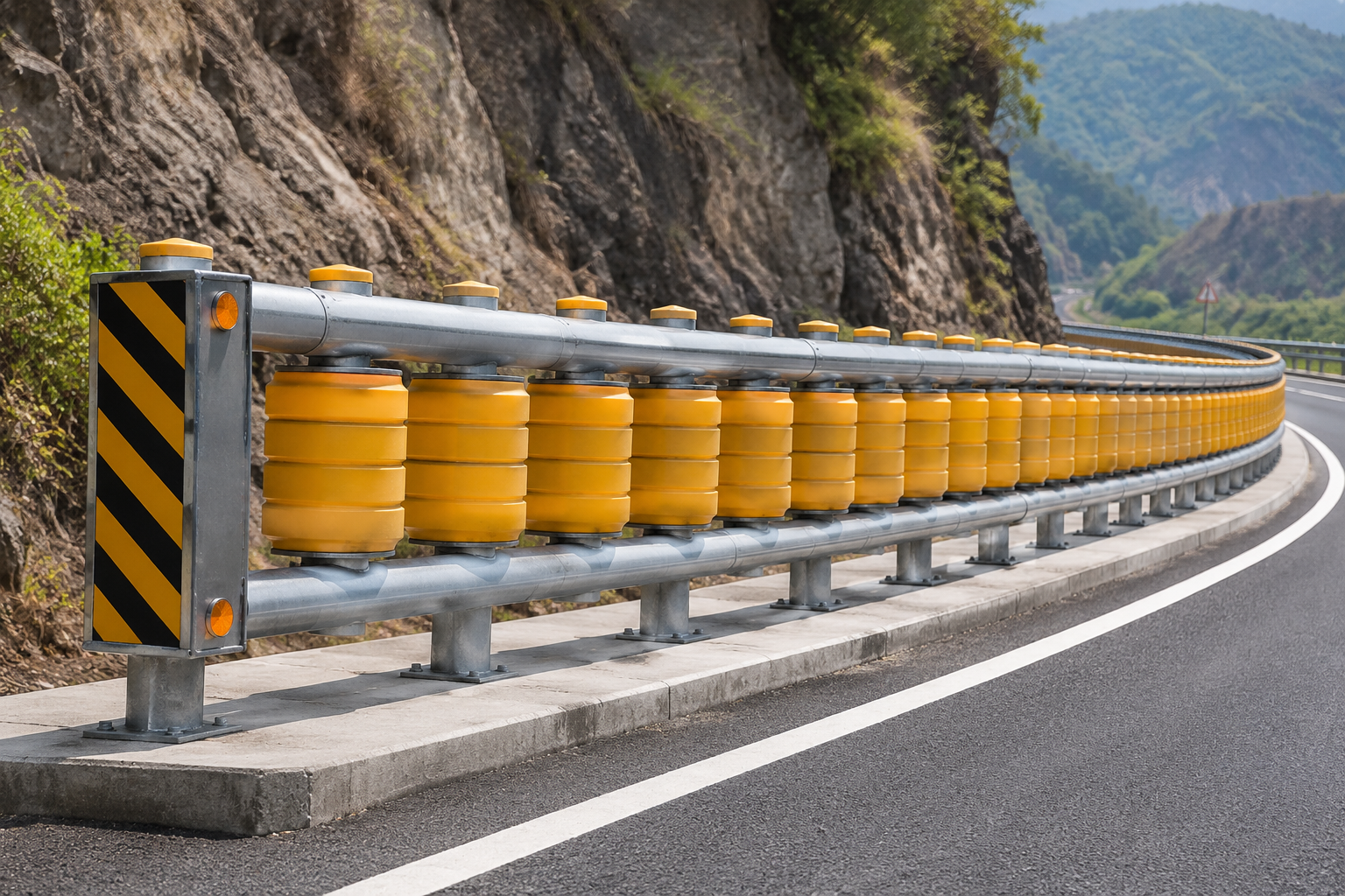 Concept illustration of a rolling barrier system preventing vehicle rollover near a coastal cliff road in Fiji.
