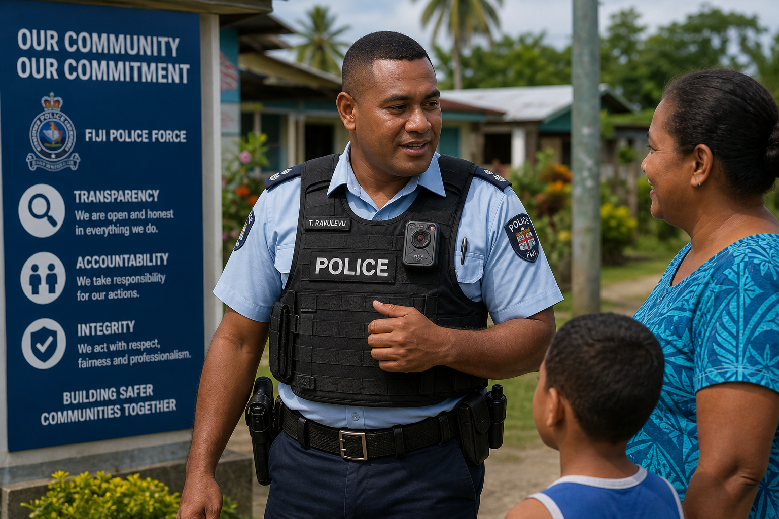 Fiji police officer equipped with a body camera on uniform in public