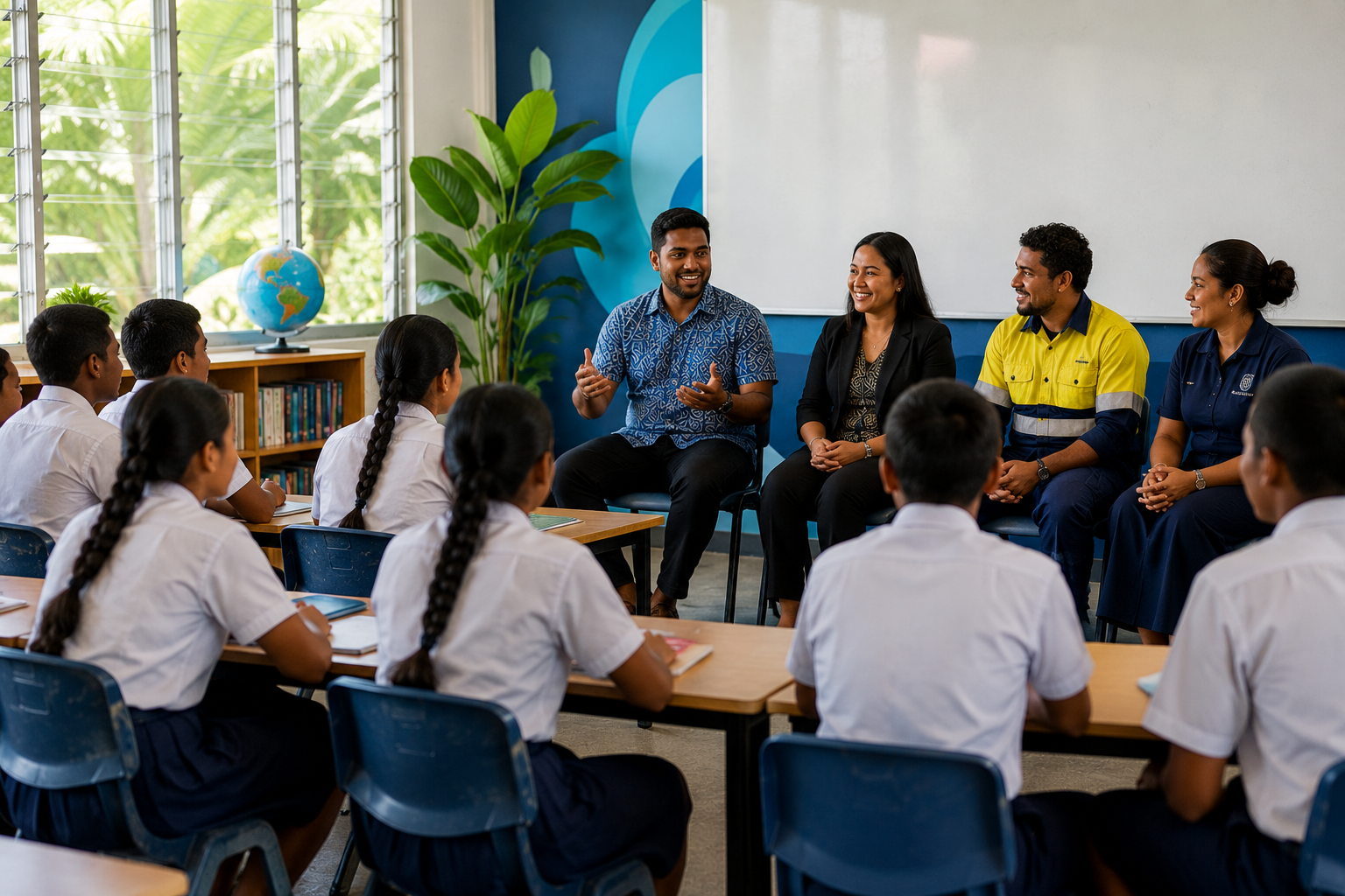 Students in a Fijian school careers class listening to alumni and industry experts sharing job experiences