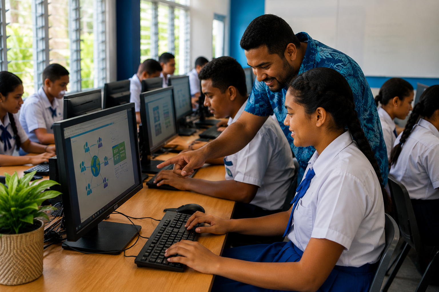 Fijian students learning digital literacy skills in a classroom