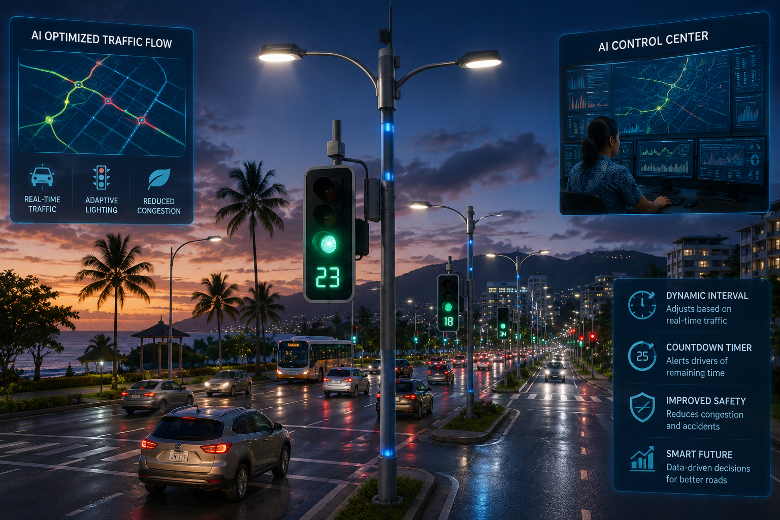 Modern urban intersection in Fiji with AI smart streetlights and digital timers managing traffic flow efficiently.