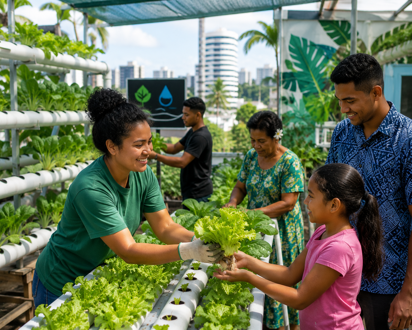 Community urban hydroponic farm with people tending plants in a Fijian city environment