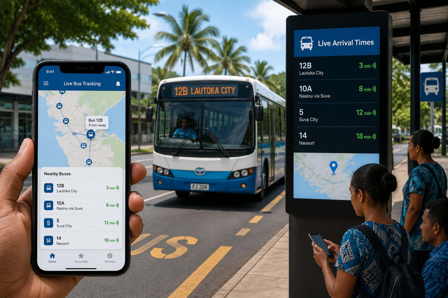 Smart bus stop with live digital arrival times and commuters in Fiji