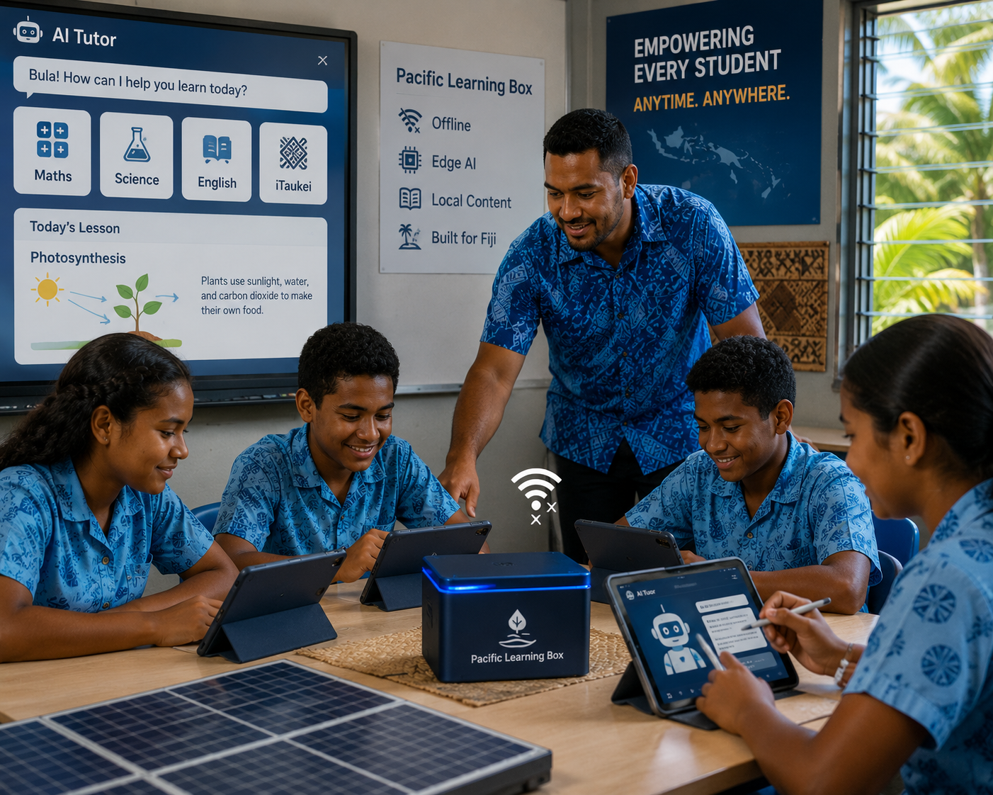 Students in a Fiji classroom using tablets connected to a local AI server powered by solar energy, demonstrating offline AI learning support.
