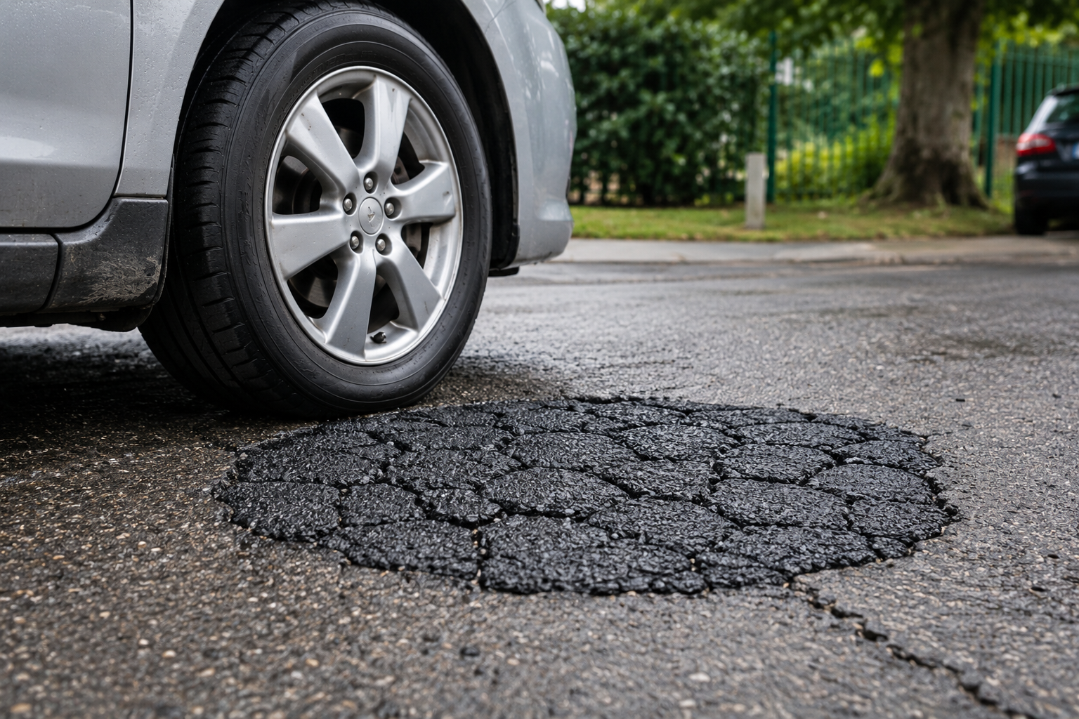 Worker repairing pothole on Fijian road using advanced technology