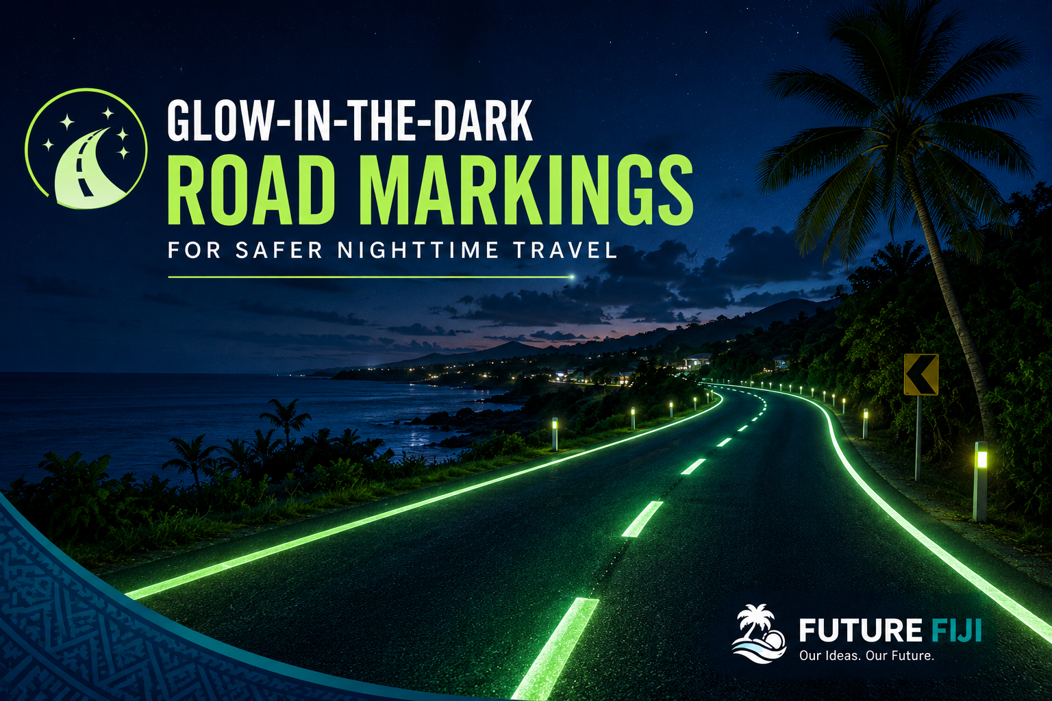 Nighttime rural road in Fiji with green glowing lane markings improving visibility.