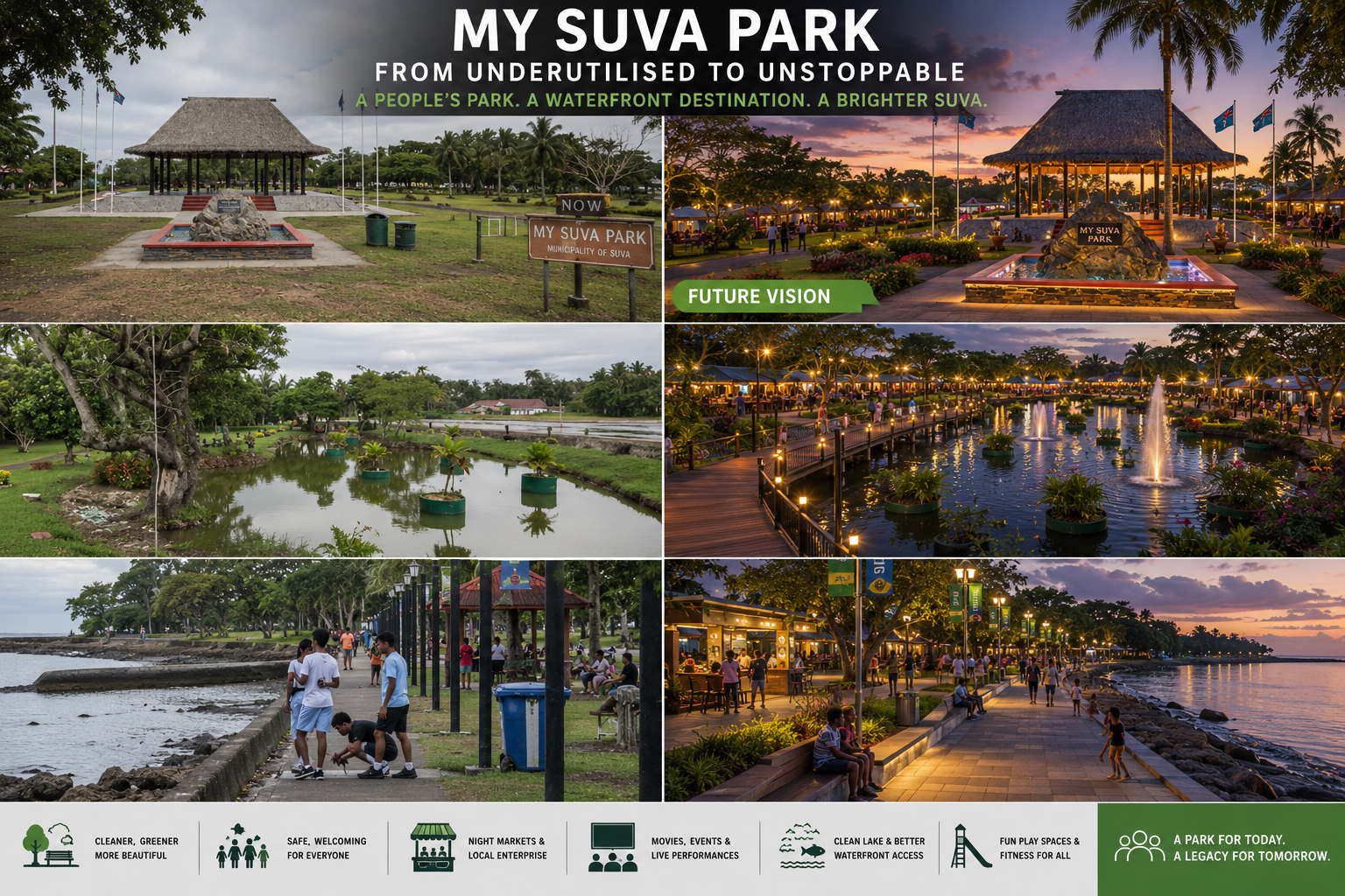 Community enjoying a lively waterfront park in Suva with cultural food village and recreational spaces at sunset.