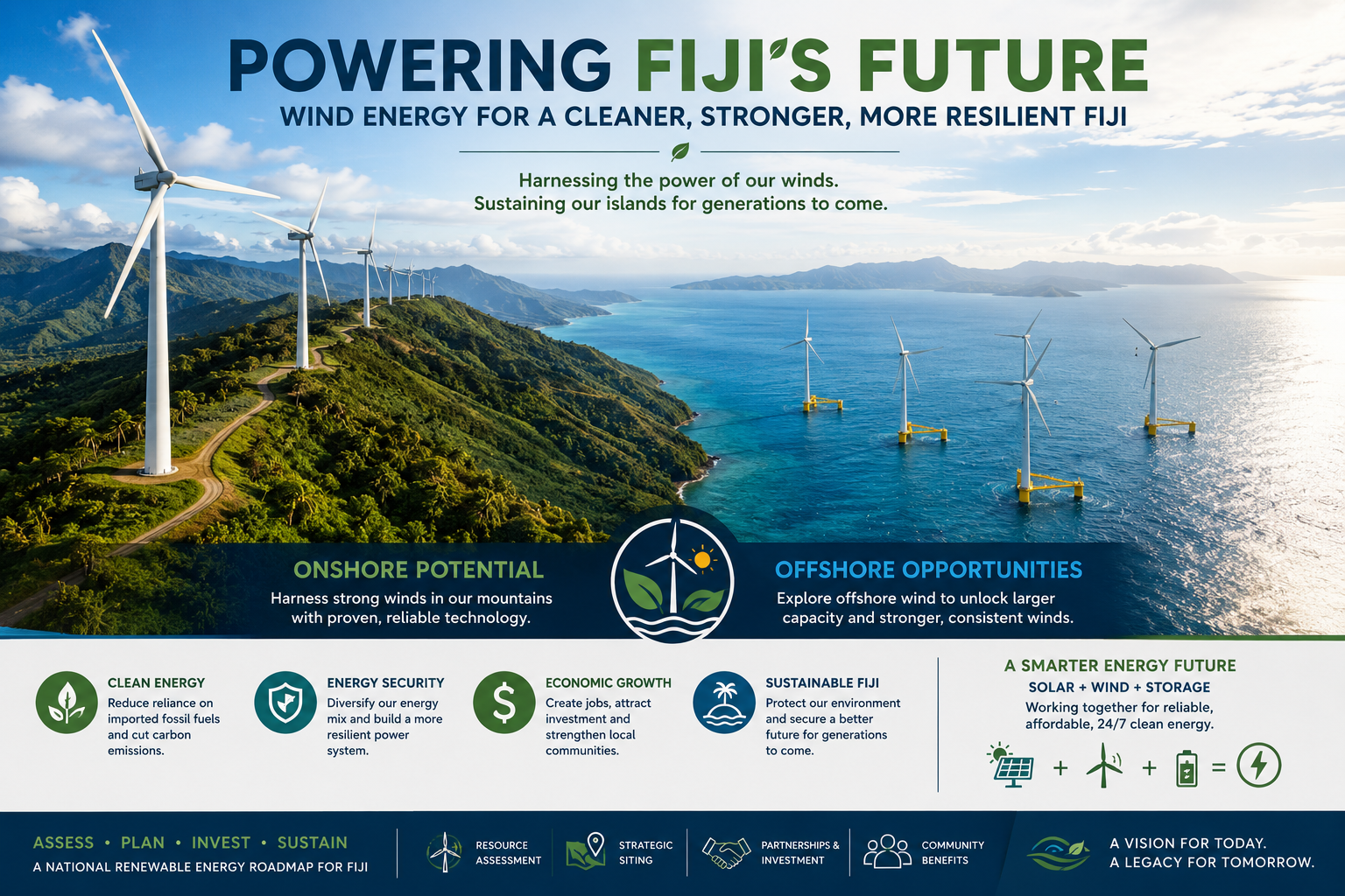Map of Fiji with renewable energy resource assessment sites and hybrid microgrid icons on islands.