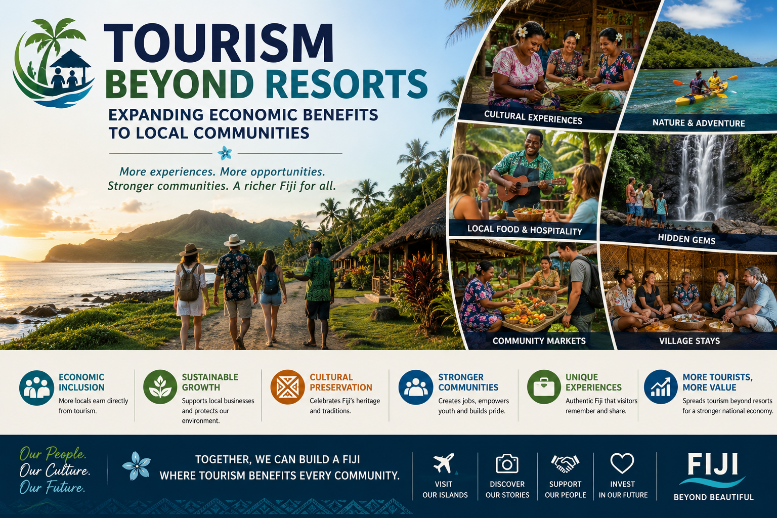 Tourists experiencing cultural tours, traditional dances, and local food events in a Fijian village.