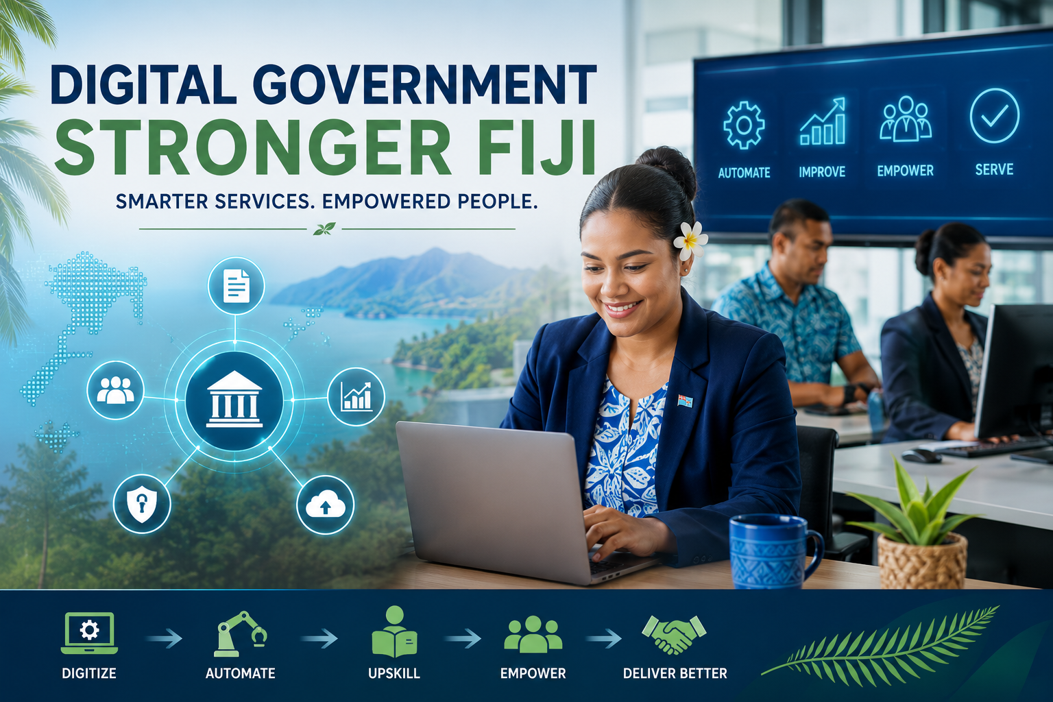 Fijian public servants using digital tools and attending training in a modern government office.