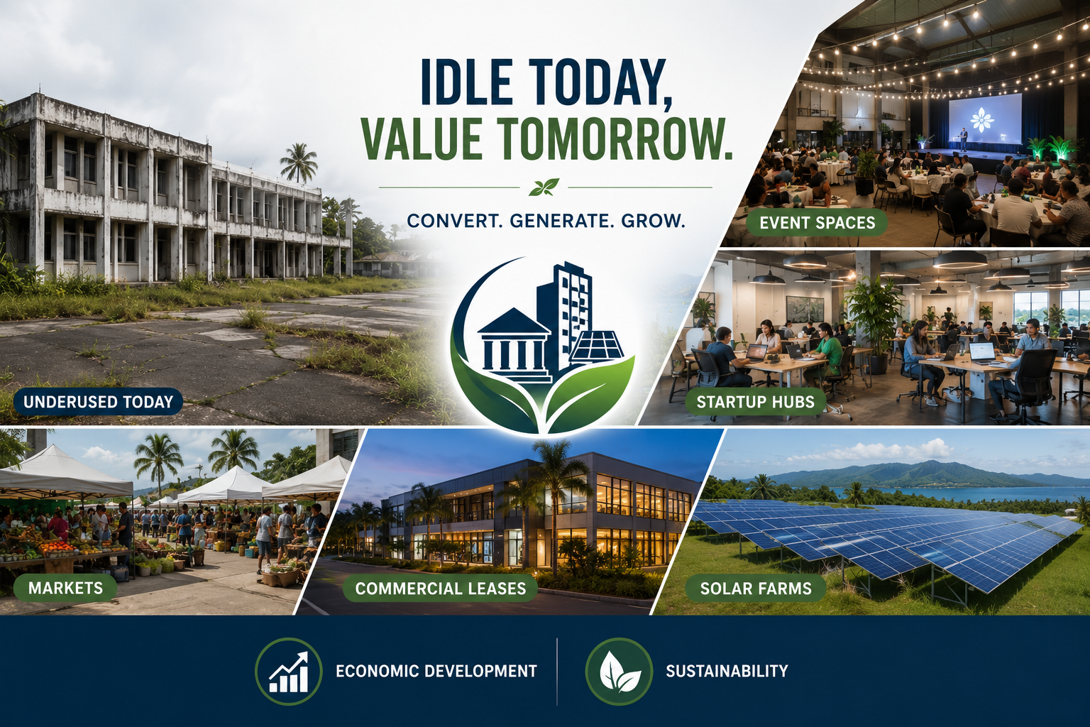 Repurposed government building as community event and startup hub with solar panels nearby in Fiji.