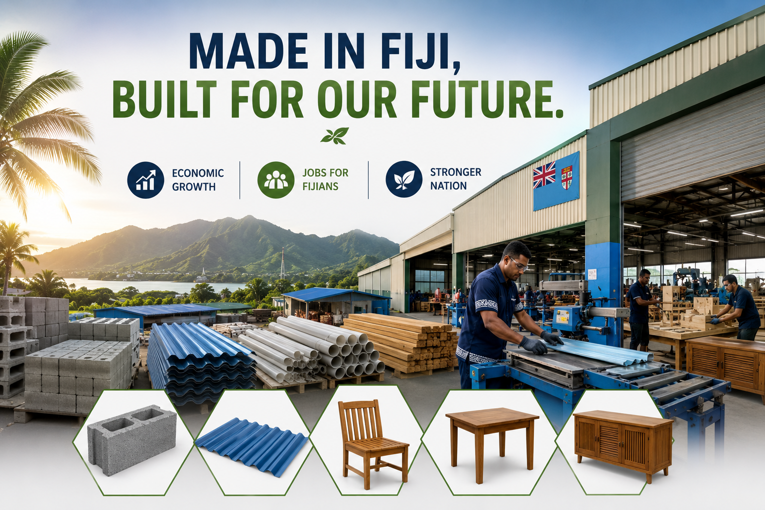 Local manufacturing workshop in Fiji with workers producing building materials and furniture.