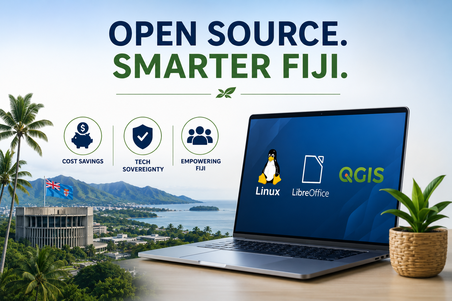 Government office adopting open-source software with symbols of savings and collaboration in Fiji.