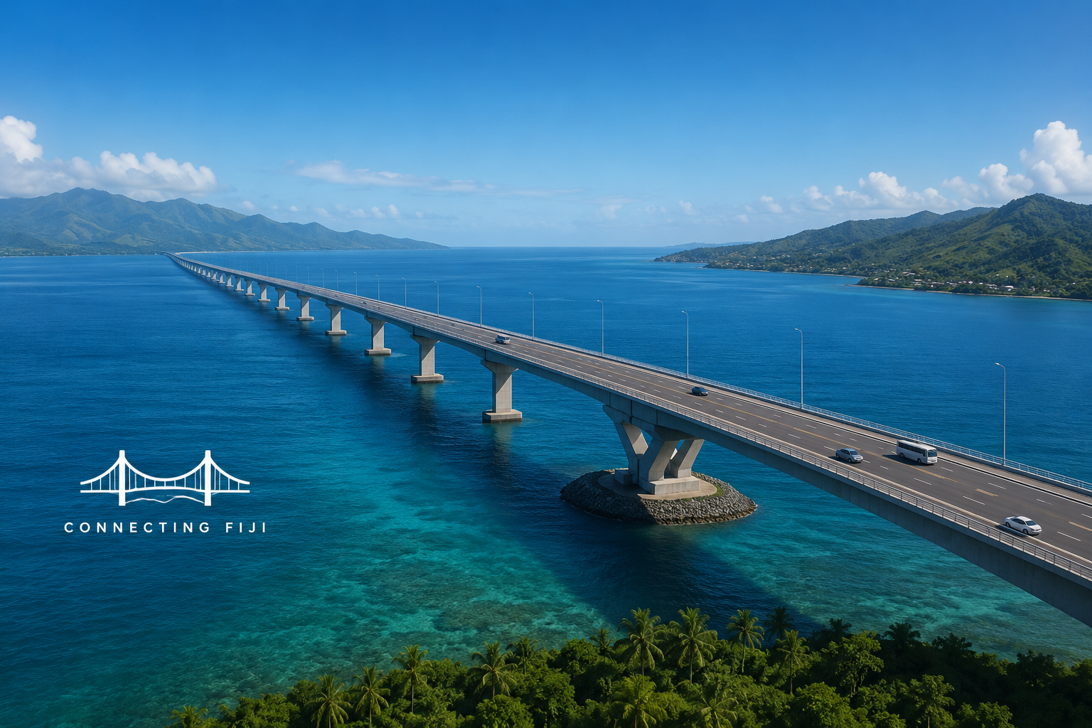 Rendering of a permanent sea bridge linking Viti Levu and Vanua Levu, Fiji, over tropical waters.