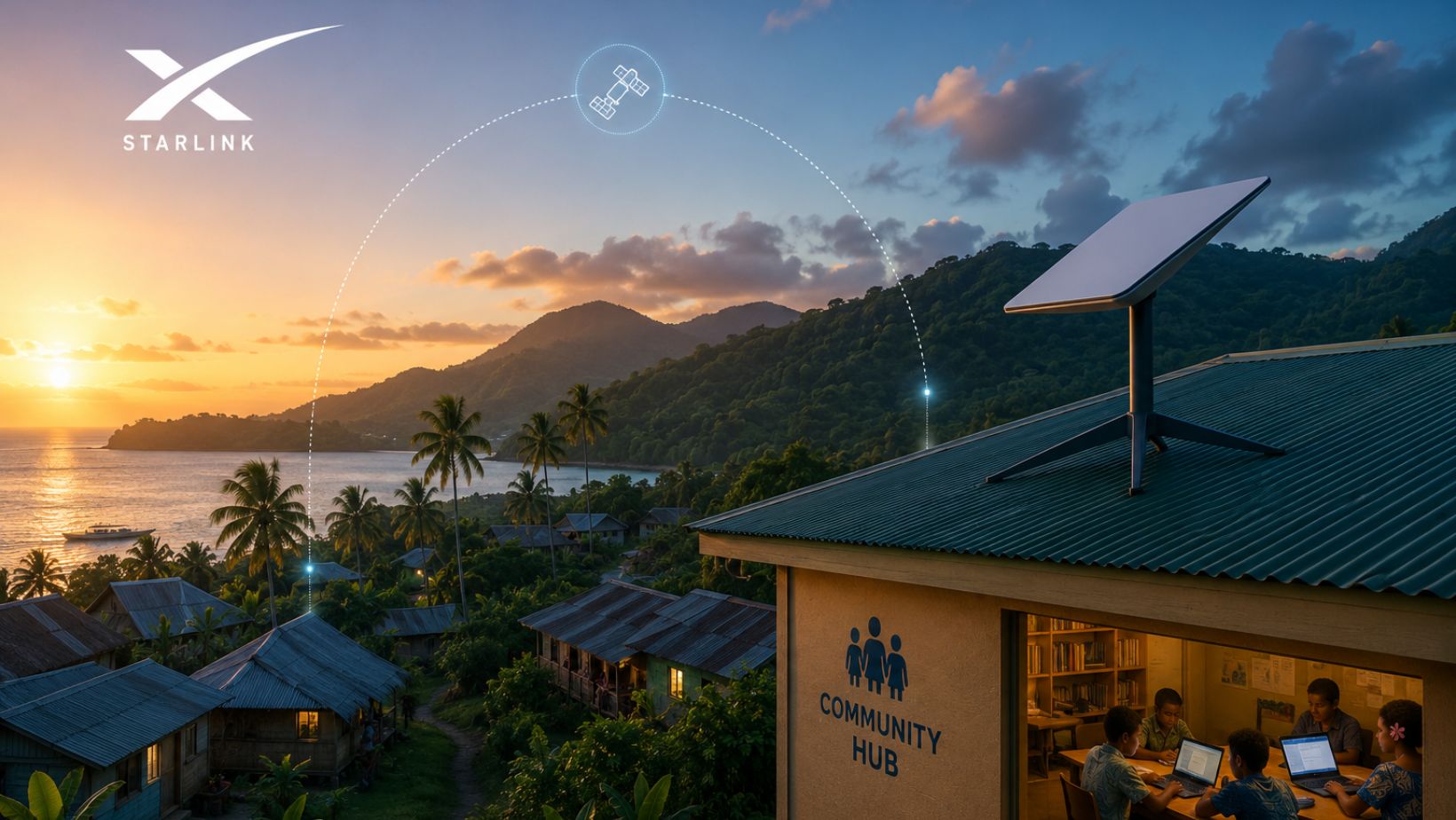 Remote Fijian village community center with Starlink satellite dish providing internet connectivity