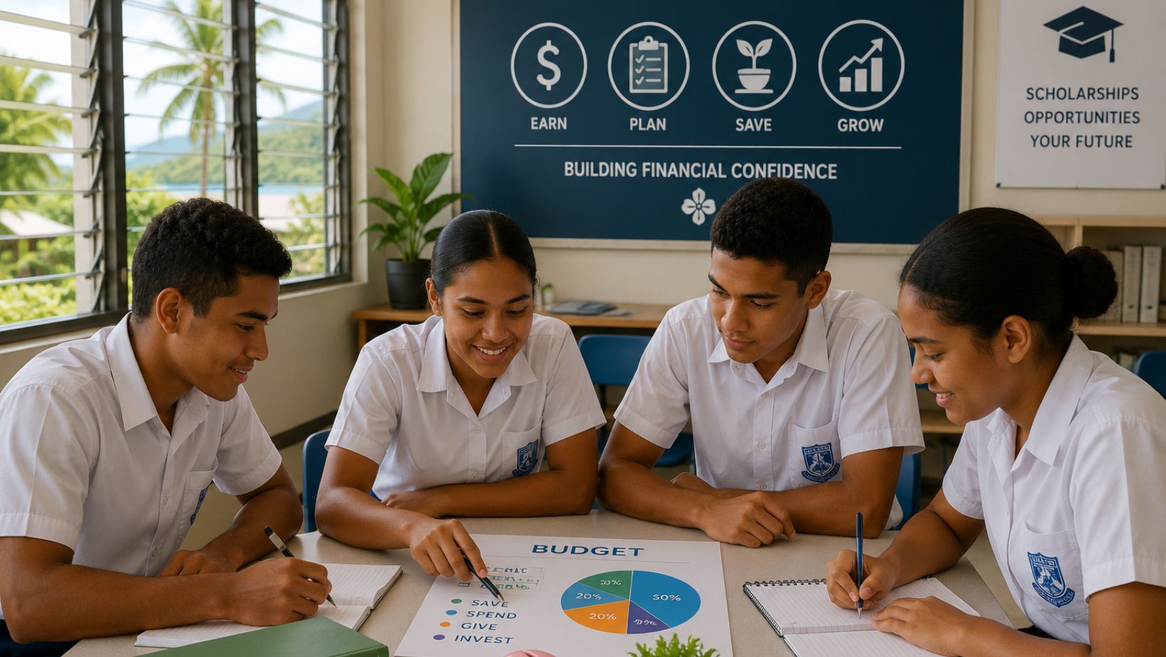Fijian students learning financial literacy in a classroom with visual aids.