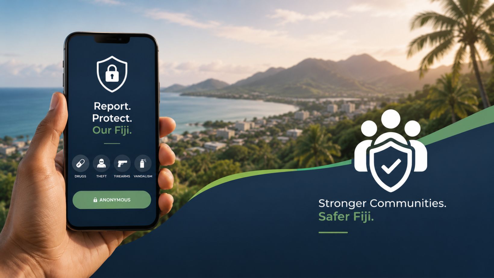 An illustration showing a person using a smartphone app to anonymously report crime in a Fijian community setting.