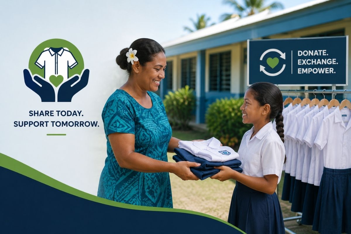 Parents and children exchanging school uniforms in a community event in Fiji