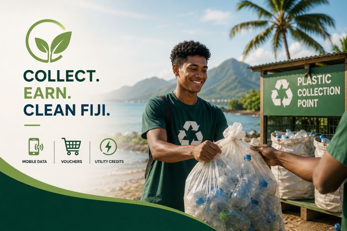 People exchanging collected plastic waste for rewards at a community recycling center in Fiji.