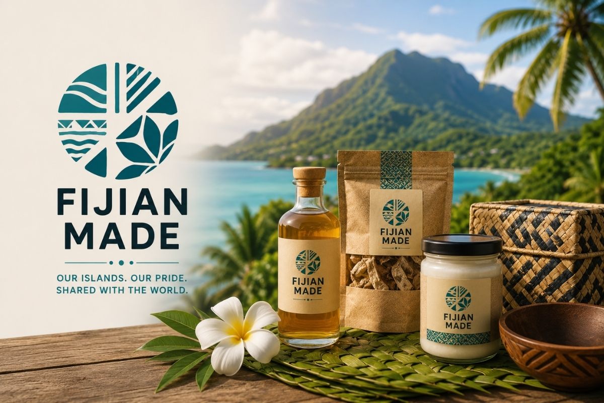 Illustration of Fiji as a hub of sustainable, quality products with global reach through digital and export channels.