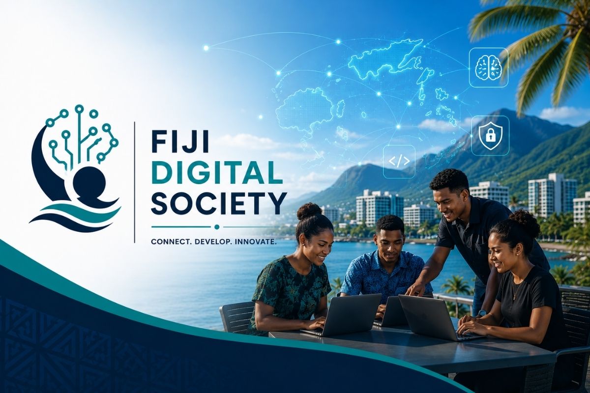 Fijian professionals collaborating in a digital innovation meeting with AI and cybersecurity visuals.