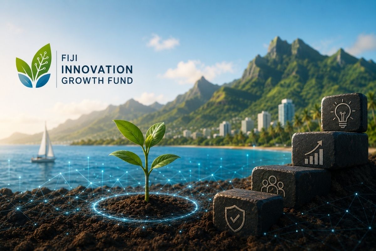 Fijian entrepreneurs and investors collaborating in a modern office setting symbolizing innovation growth fund.