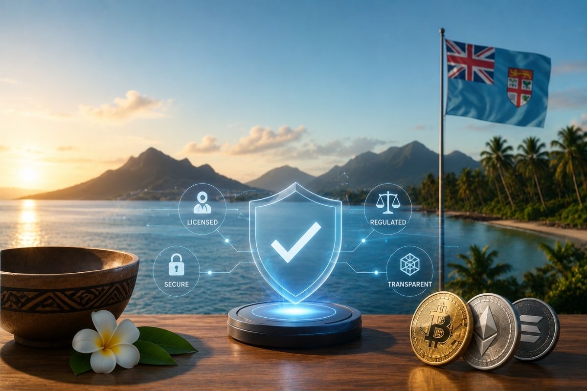 Graphic depicting controlled cryptocurrency investment framework with consumer protection and regulation in Fiji.
