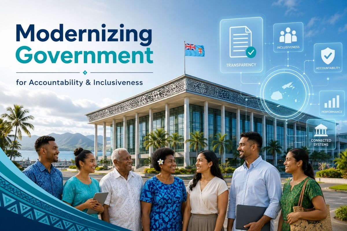 Fijian community and officials working together on government reform plans in a modern setting.
