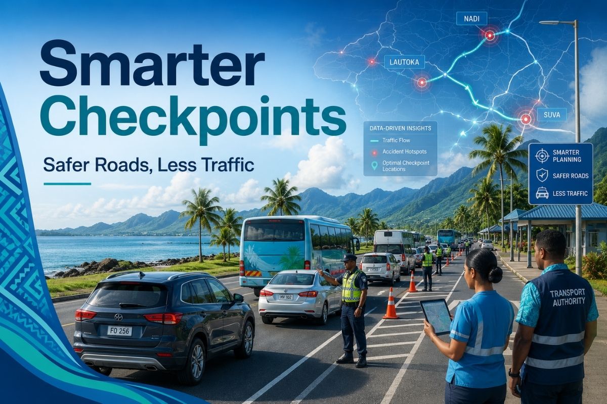 Traffic officers coordinating checkpoint placement using data analytics laptop at an urban roundabout in Fiji