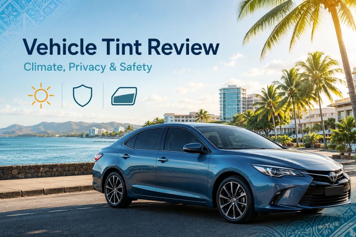 Car with darker tinted windows parked under bright tropical sun in Fiji