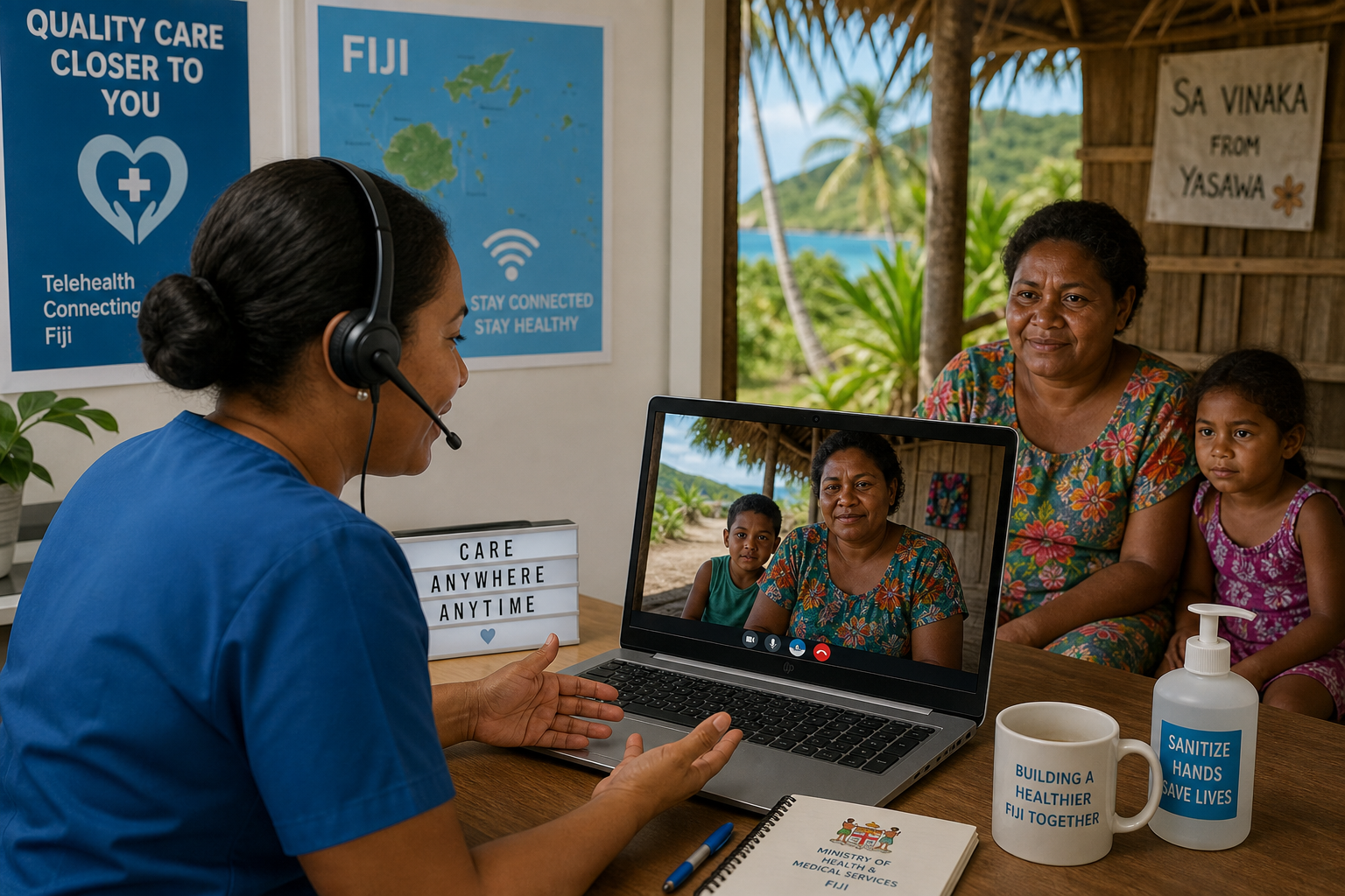 Healthcare professional providing telehealth consultation to patient in remote island setting in Fiji