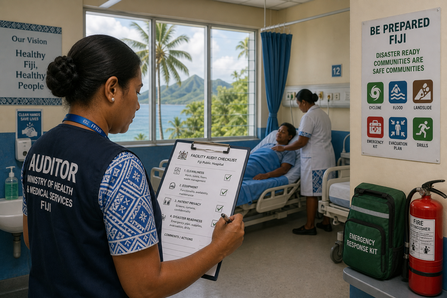 Auditor assessing hospital infrastructure standards in a Fiji healthcare facility.