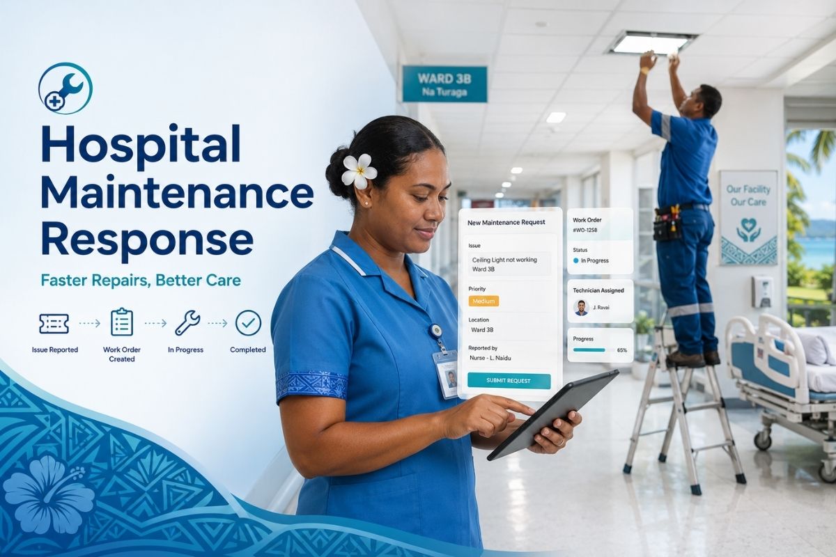 Hospital maintenance staff reporting issues on a digital device with hospital background.