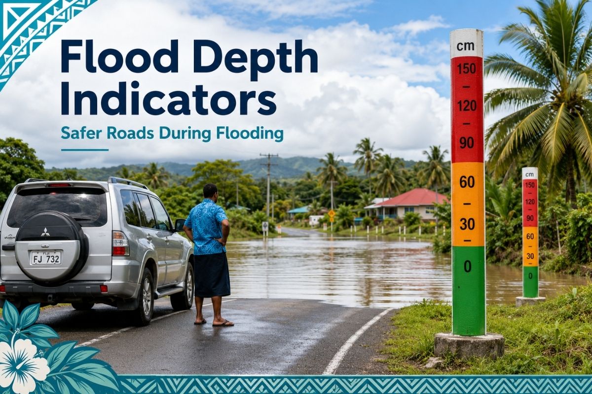 Flood depth indicator pole with colored bands beside a flooded road in Fiji
