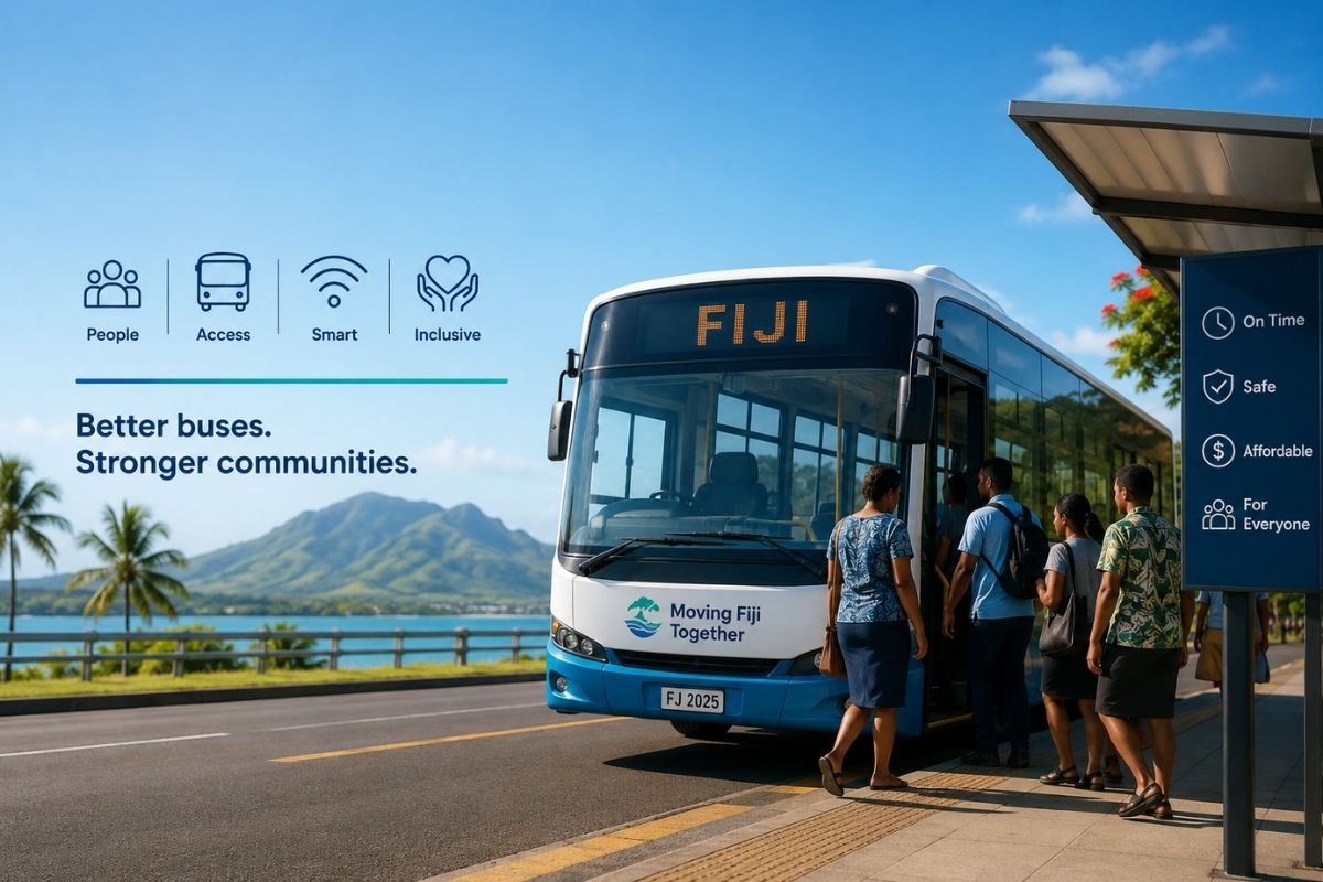 Fijian people of different ages and abilities using an accessible, modern bus system with digital information at a community bus stop.