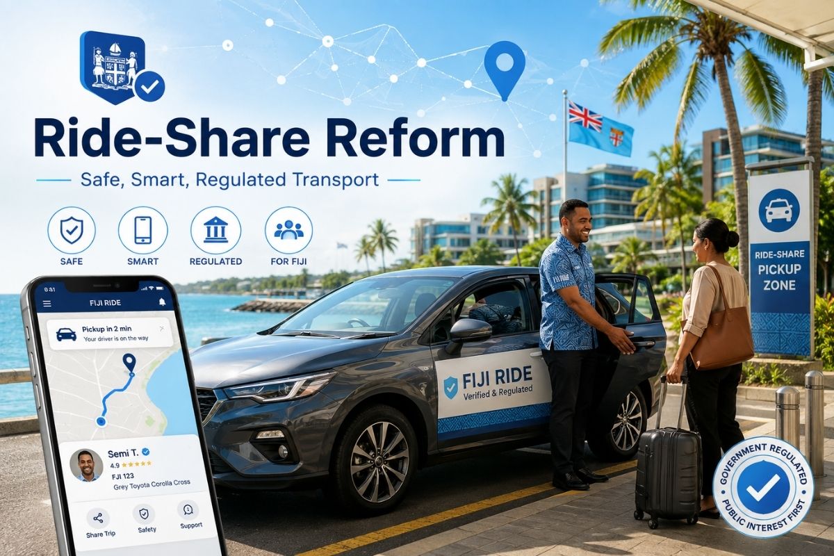 People in Fiji using a government ride-share app with a modern vehicle in the background, emphasizing safety and sustainability.